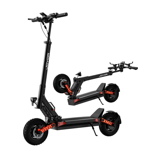 Buffseek S10 electric scooter shown in folded and unfolded positions for storage and transport