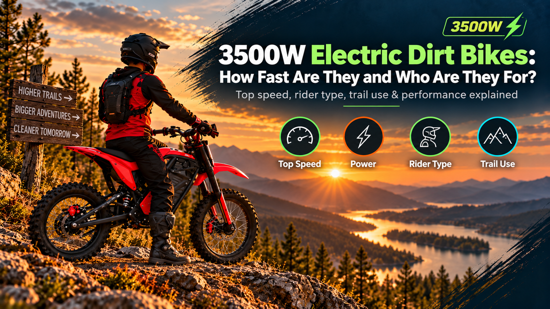 Rider on a red 3500W electric dirt bike overlooking mountain trails at sunset, highlighting top speed, motor power, rider type, and off-road trail use.