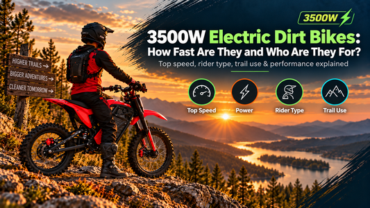Rider on a red 3500W electric dirt bike overlooking mountain trails at sunset, highlighting top speed, motor power, rider type, and off-road trail use.