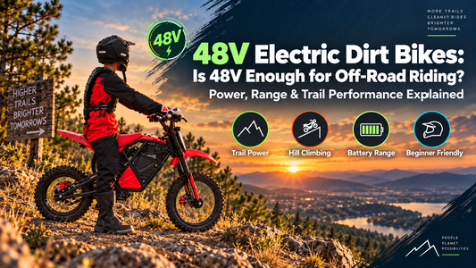 48V electric dirt bike on a mountain trail at sunset, highlighting off-road power, hill climbing, battery range, and beginner-friendly riding.