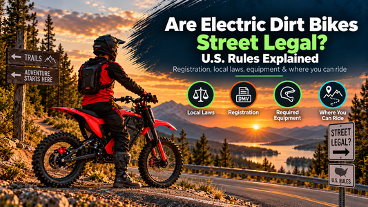 Rider on a red electric dirt bike beside a public road, illustrating U.S. street-legal rules, registration, required equipment, local laws, and where electric dirt bikes can be ridden.