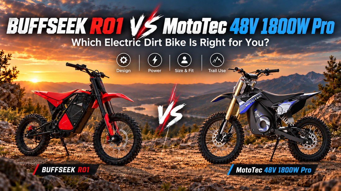 BUFFSEEK R01 and MotoTec 48V 1800W Pro electric dirt bikes shown side by side on a mountain trail at sunset, comparing design, power, size, and off-road riding use.