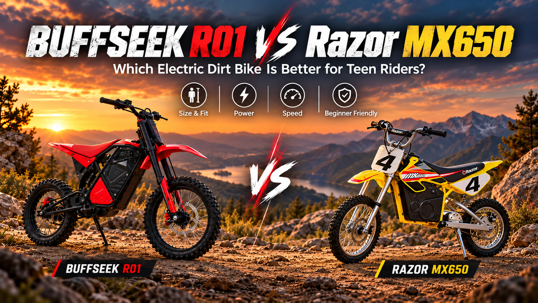 BUFFSEEK R01 and Razor MX650 electric dirt bikes shown side by side on a mountain trail at sunset, comparing size, power, speed, and beginner-friendly features for teen riders.