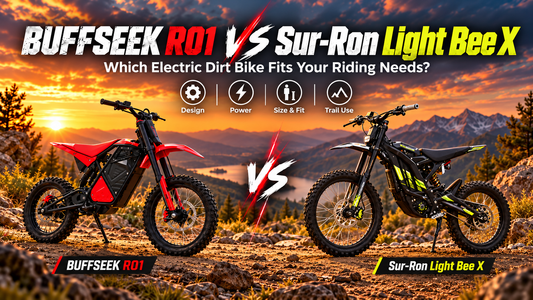 BUFFSEEK R01 and Sur-Ron Light Bee X electric dirt bikes shown side by side on a mountain trail, comparing design, power, size, fit, and off-road riding use.