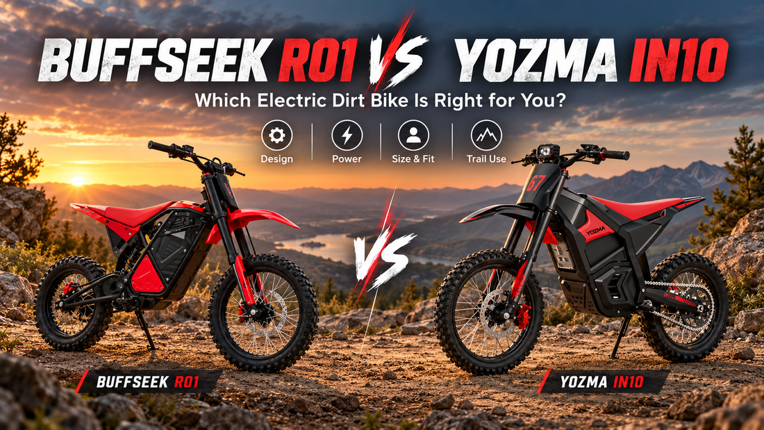 BUFFSEEK R01 and Yozma IN10 electric dirt bikes compared side by side on a mountain trail, highlighting design, power, size, and off-road use.