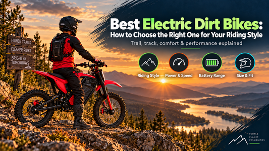 Rider on a red electric dirt bike overlooking a mountain trail at sunset, highlighting riding style, power, battery range, and size considerations.
