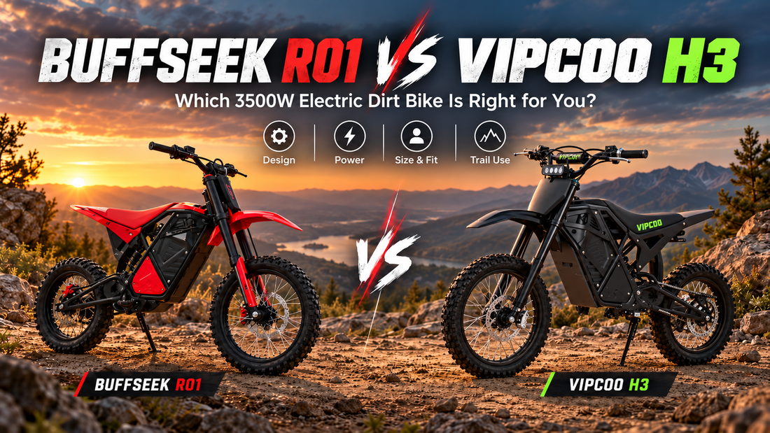 BUFFSEEK R01 and VIPCOO H3 3500W electric dirt bikes compared side by side on a mountain trail, highlighting design, power, size, and off-road riding.