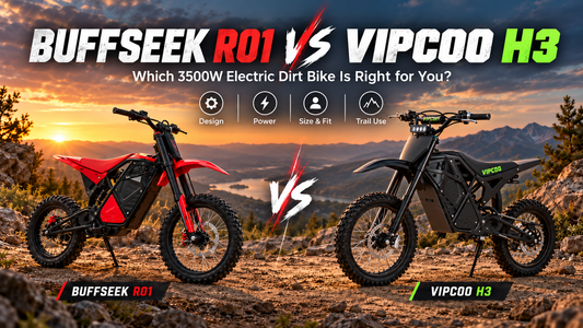 BUFFSEEK R01 and VIPCOO H3 3500W electric dirt bikes compared side by side on a mountain trail, highlighting design, power, size, and off-road riding.