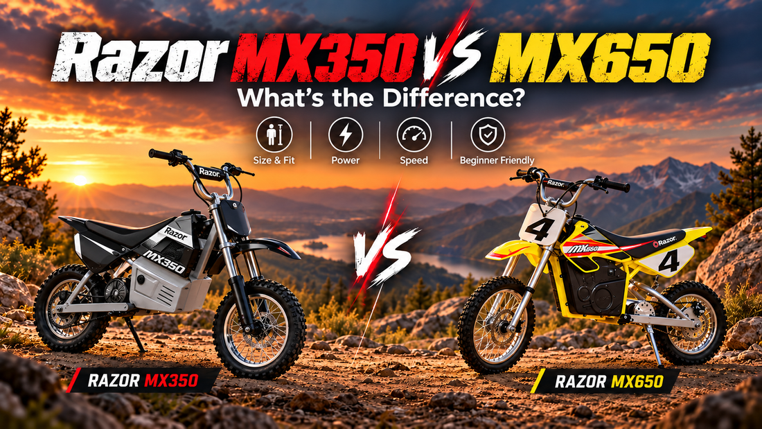 Razor MX350 and Razor MX650 electric dirt bikes shown side by side on a mountain trail, comparing size, power, speed, and beginner-friendly features.
