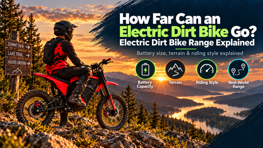 Rider on a red electric dirt bike overlooking mountain trails at sunset, illustrating battery capacity, terrain, riding style, and real-world range.