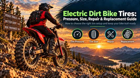 Rider on a red electric dirt bike with knobby off-road tires on a rocky mountain trail, illustrating tire pressure, tire size, repair, and replacement.