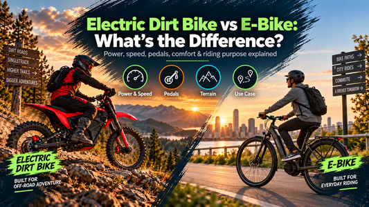 Electric dirt bike and e-bike shown side by side, comparing power, speed, pedals, terrain, and riding purpose for off-road and everyday use.