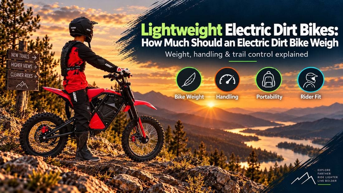 Rider on a lightweight red electric dirt bike on a mountain trail at sunset, highlighting bike weight, handling, portability, and rider fit.
