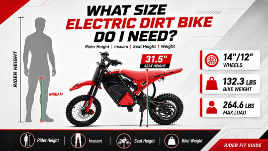 Electric dirt bike size guide showing rider height seat height and bike fit