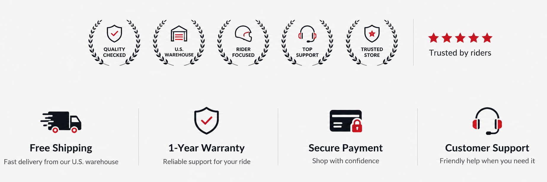 E-bike electric scooter store service banner: US warehouse free shipping, 1-year warranty, secure payment, customer support, quality checked, trusted by riders