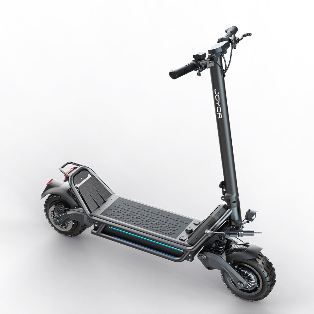 Rear angle view of the Buffseek E6 electric scooter with rear wheel, suspension system, and taillight