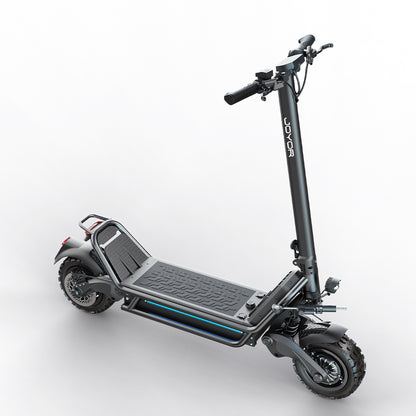 Rear angle view of the Buffseek E6 electric scooter with rear wheel, suspension system, and taillight
