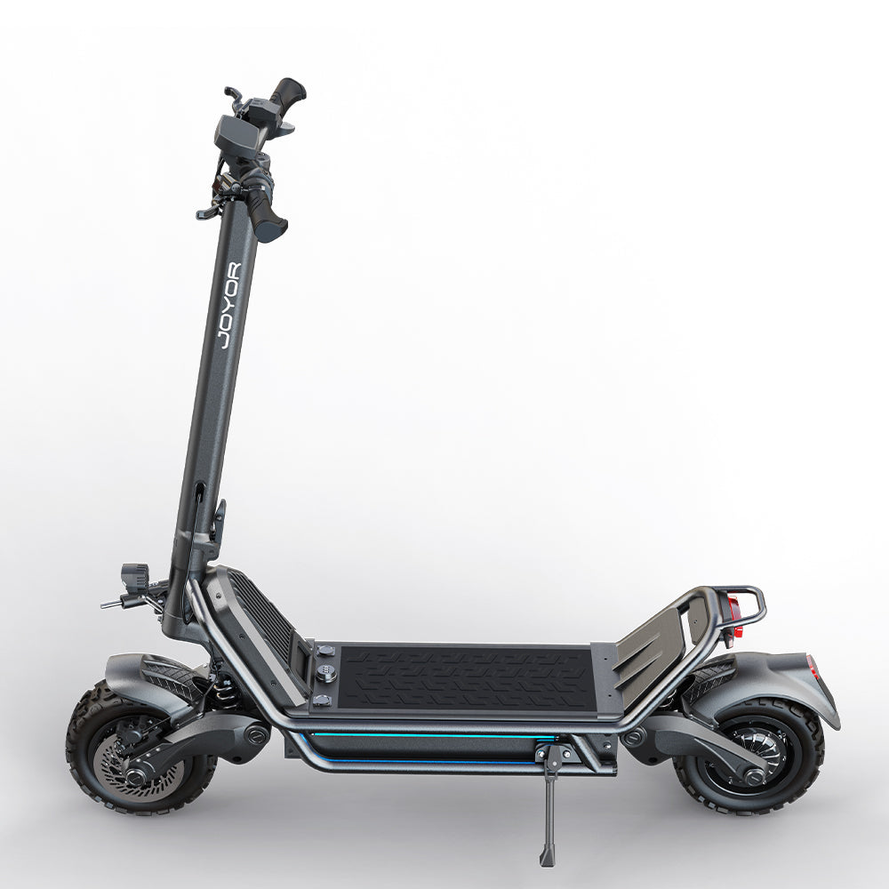 Buffseek E6 dual motor electric scooter shown from the right side with folding frame and rear suspension