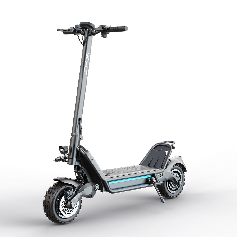 Buffseek E6 electric scooter shown from the side with off-road tires and dual suspension design