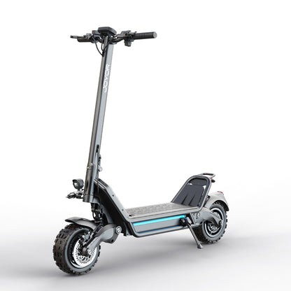 Buffseek E6 electric scooter shown from the side with off-road tires and dual suspension design