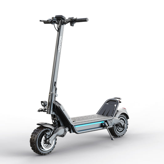 Buffseek E6 electric scooter shown from the side with off-road tires and dual suspension design