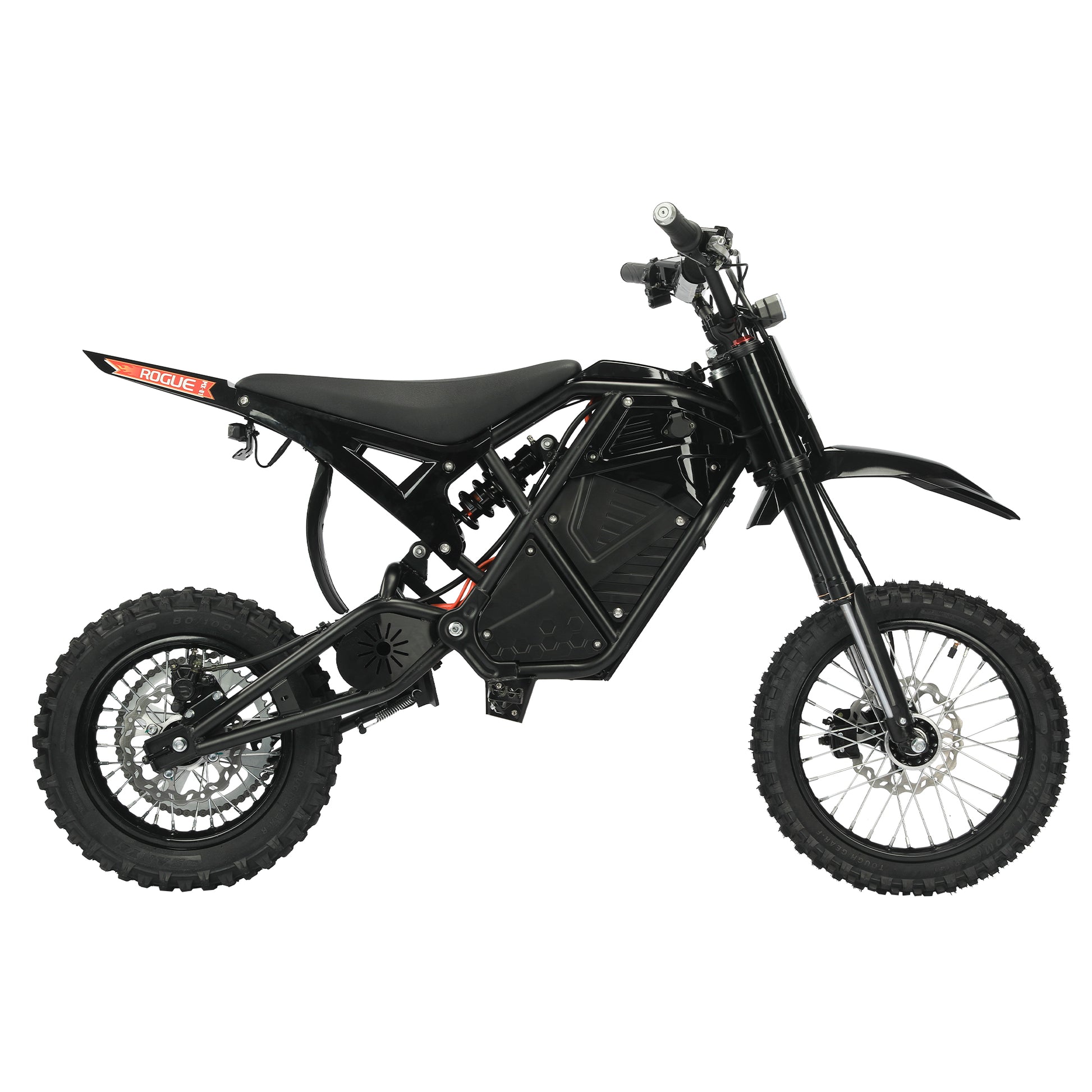 Black Buffseek R01 electric dirt bike shown from the right side