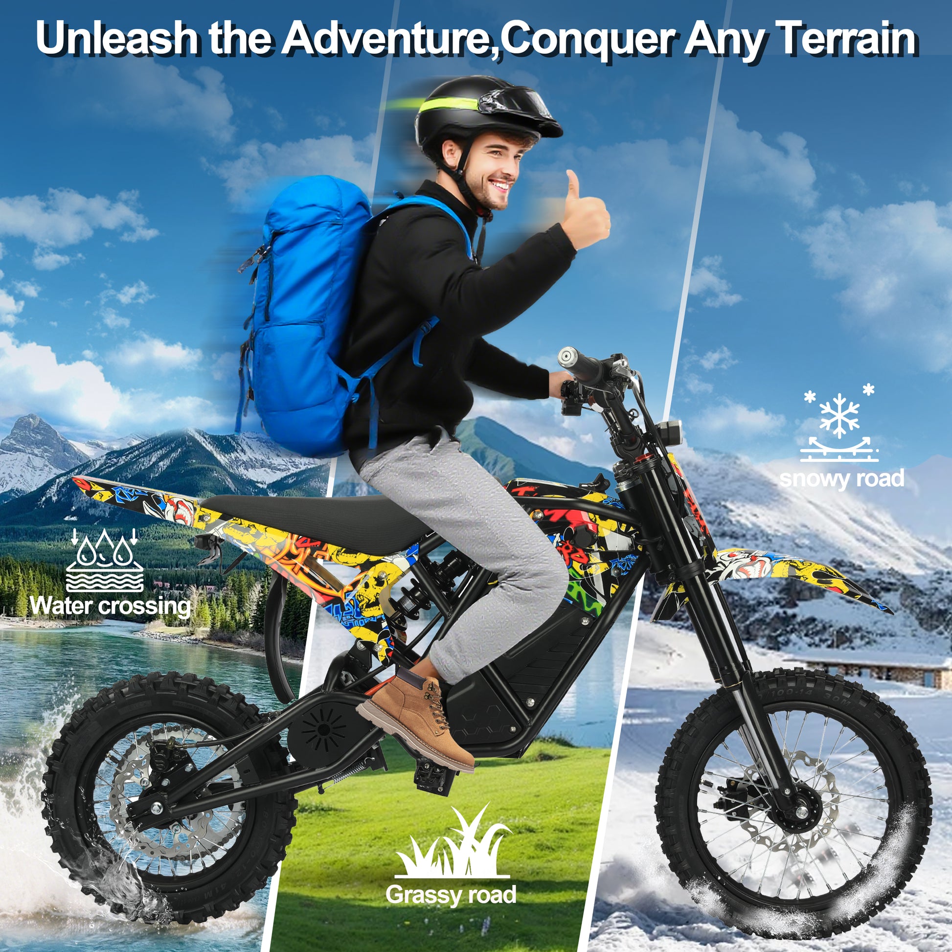 Black Buffseek R01 electric dirt bike shown on grass, water crossings, and snowy terrain