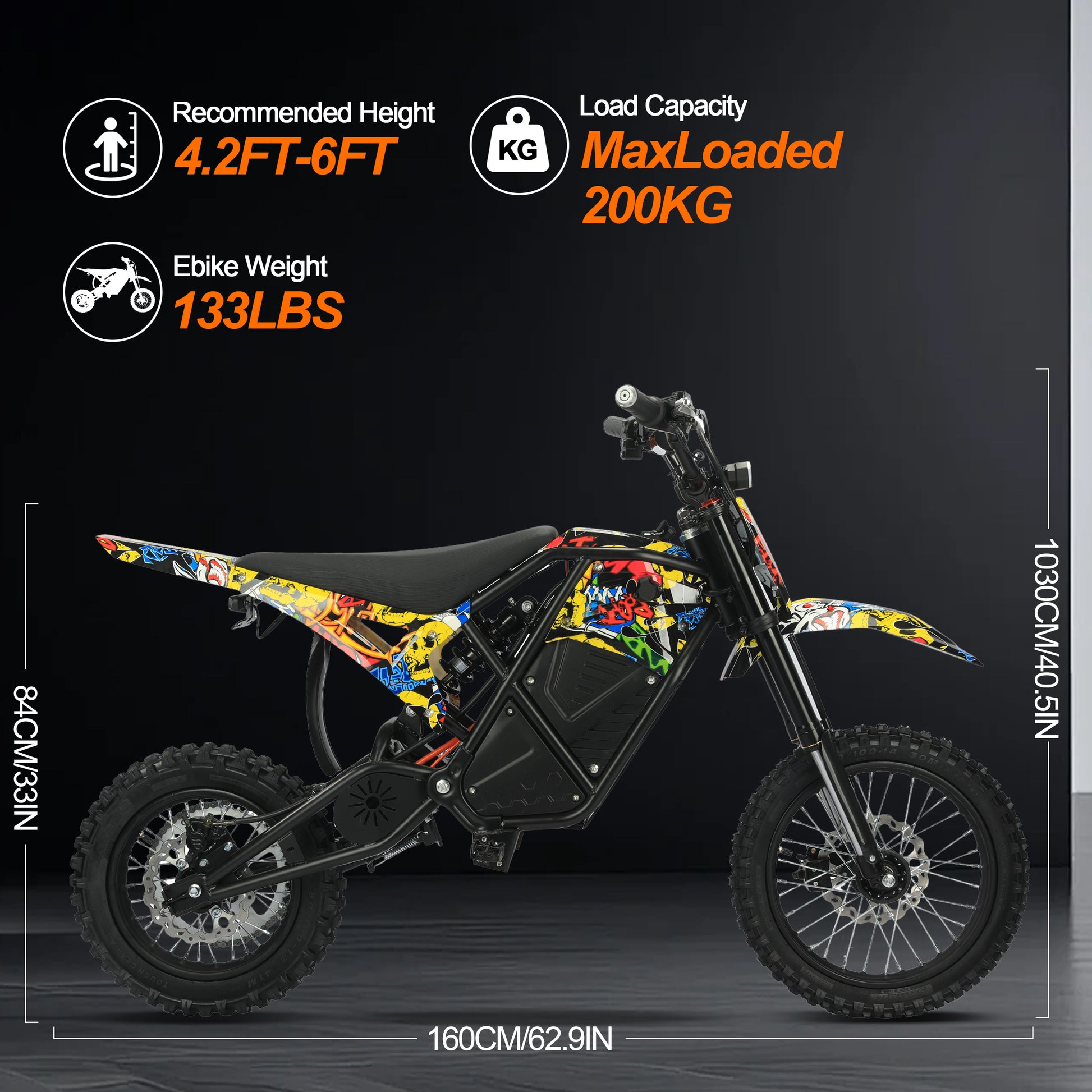 Black Buffseek R01 size guide showing recommended rider height, bike weight, and overall dimensions