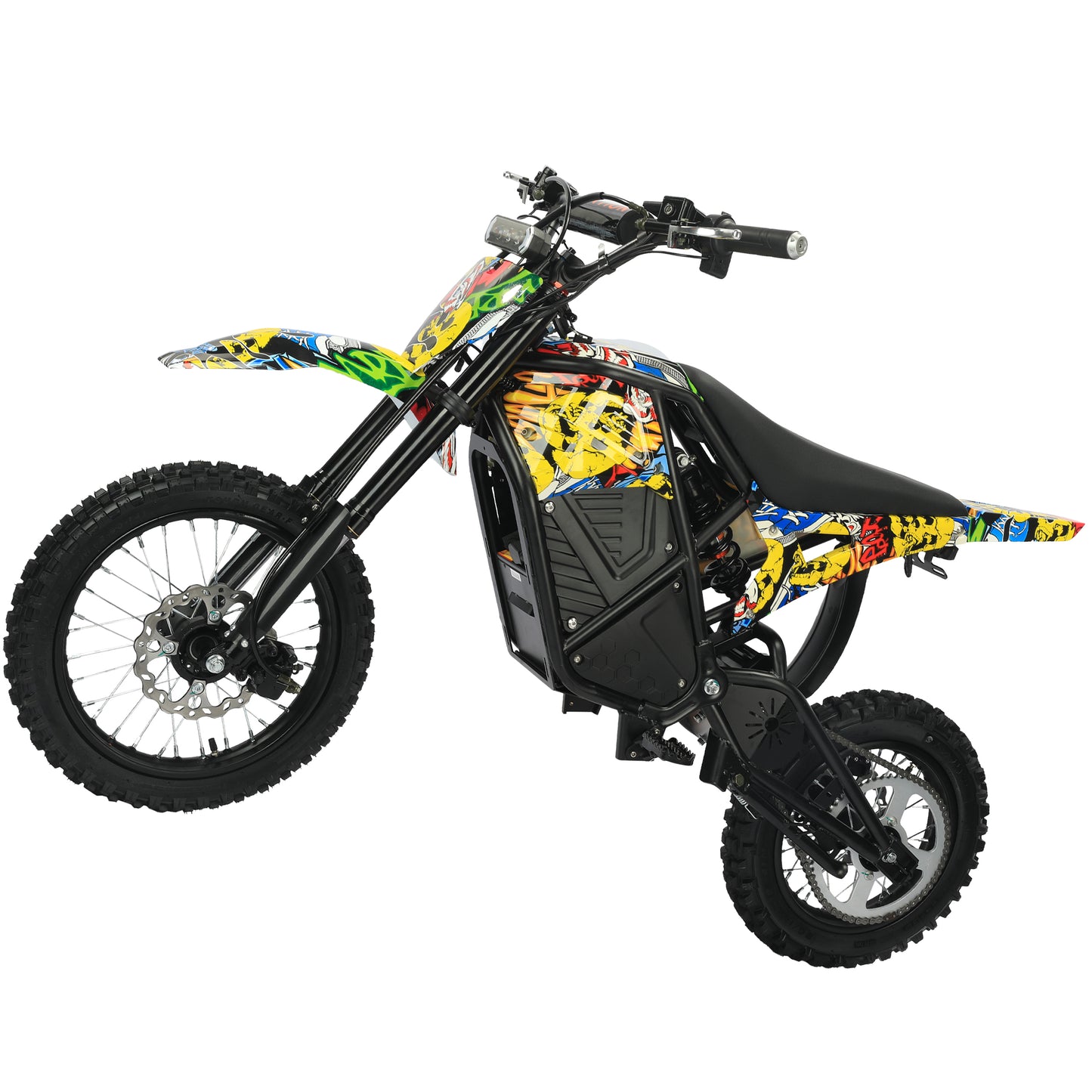 Black pattern Buffseek R01 electric dirt bike shown from the leftside