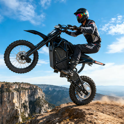 Black Buffseek R01 electric dirt bike shown  terrain