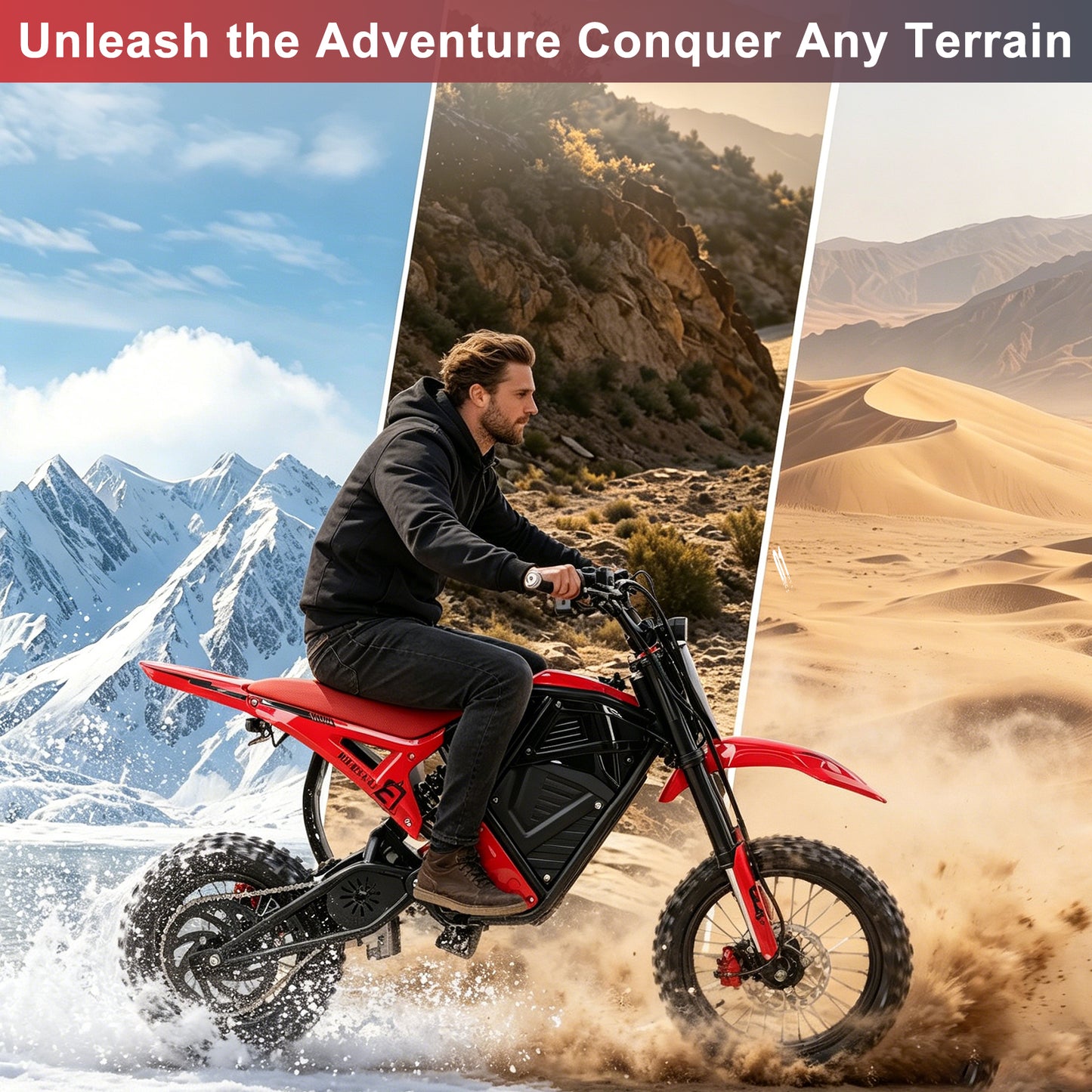 Buffseek R01 electric dirt bike designed for snow, rocky trails, and sandy terrain