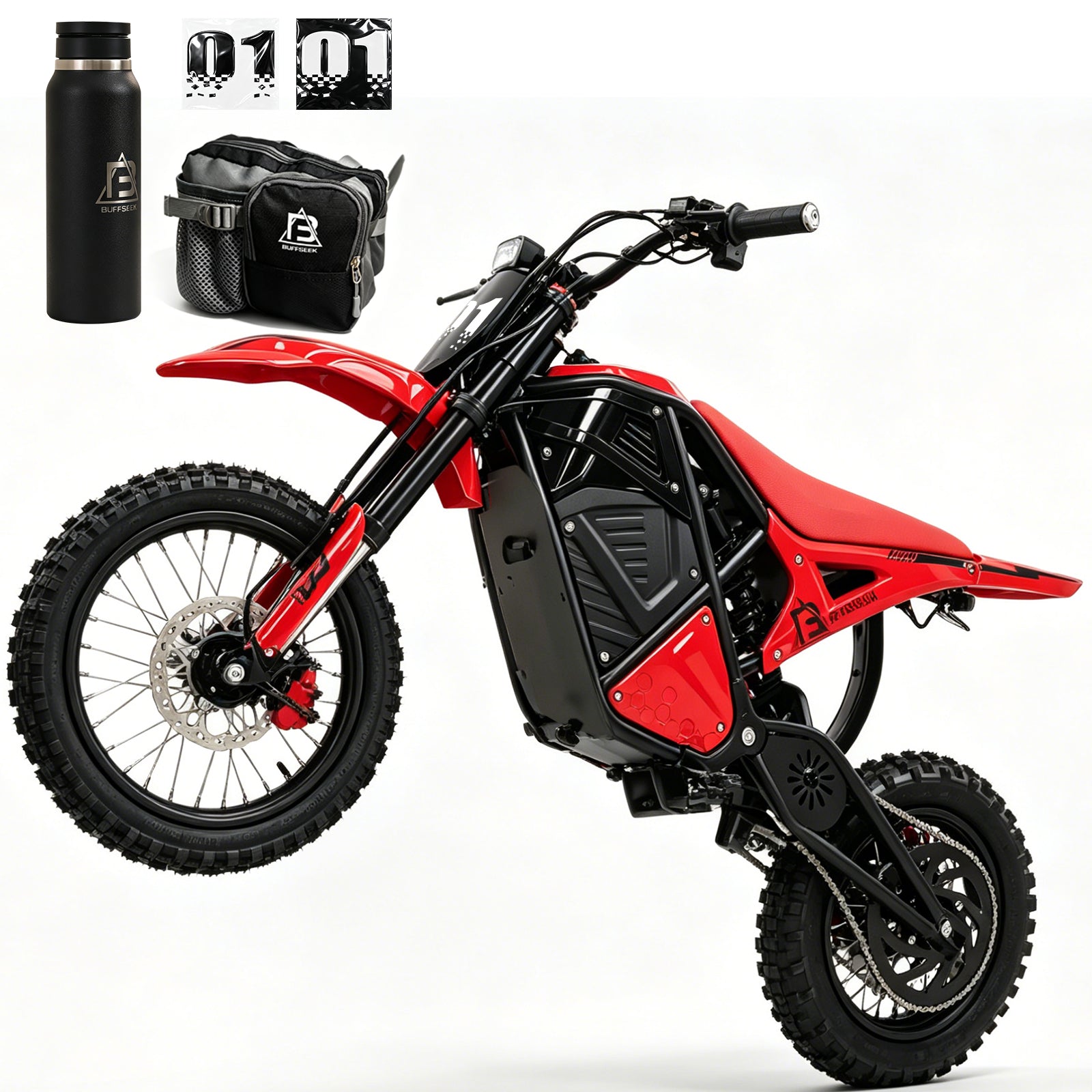 Red Buffseek R01 electric dirt bike with bonus bottle, bag, and number decals