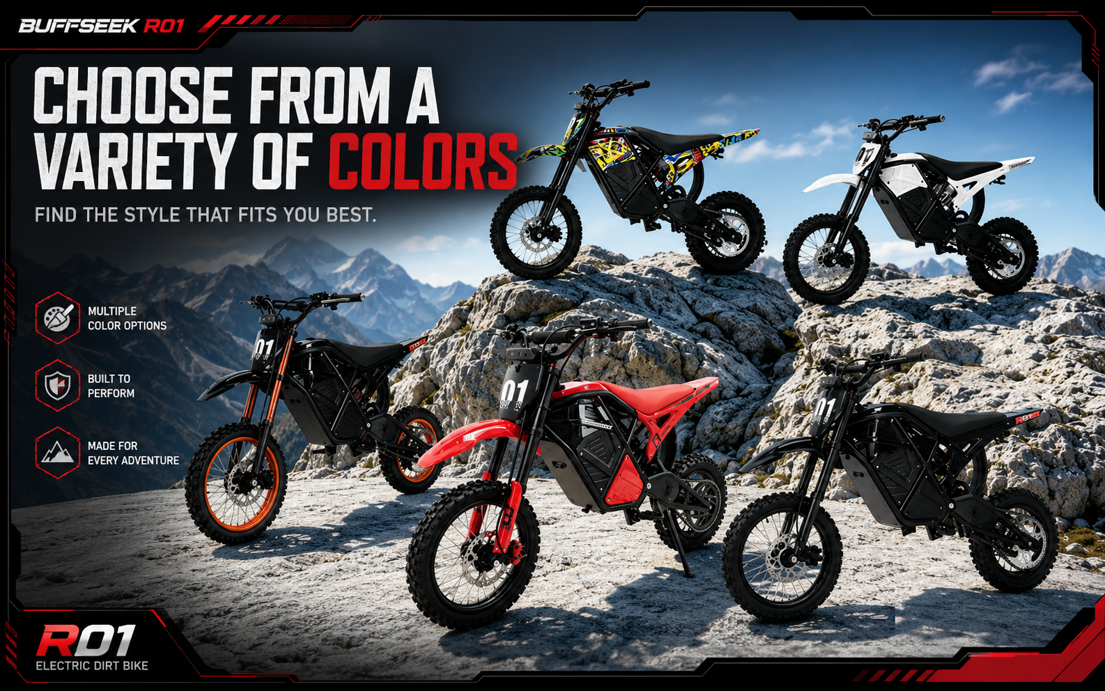 Buffseek R01 electric dirt bike color options in red, black, and white