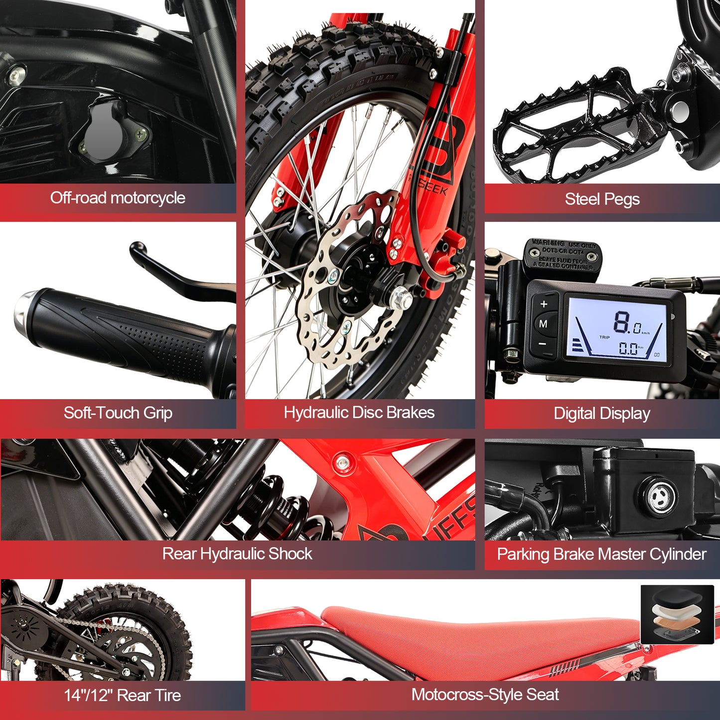 Buffseek R01 details including digital display, hydraulic brakes, rear shock, seat, grips, and steel foot pegs