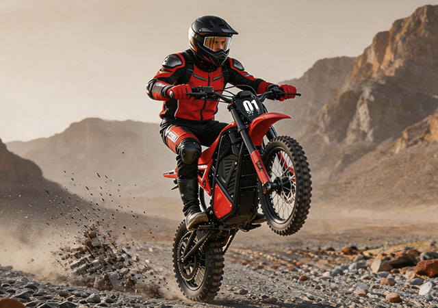 Rider performing an off-road wheelie on the red Buffseek R01 electric dirt bike
