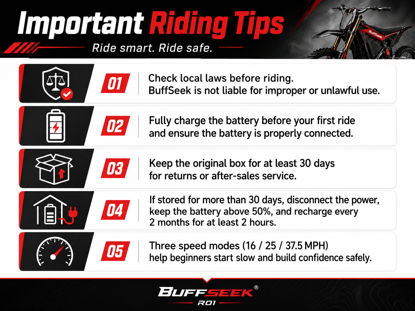 Important riding, charging, storage, and safety tips for the Buffseek R01 electric dirt bike