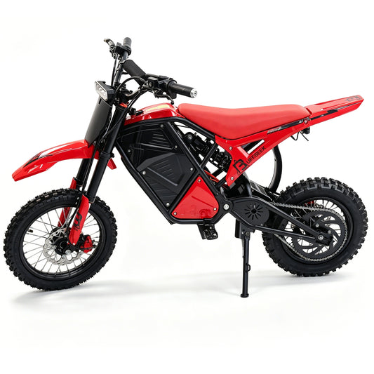 Red Buffseek R01 electric dirt bike shown from the left side