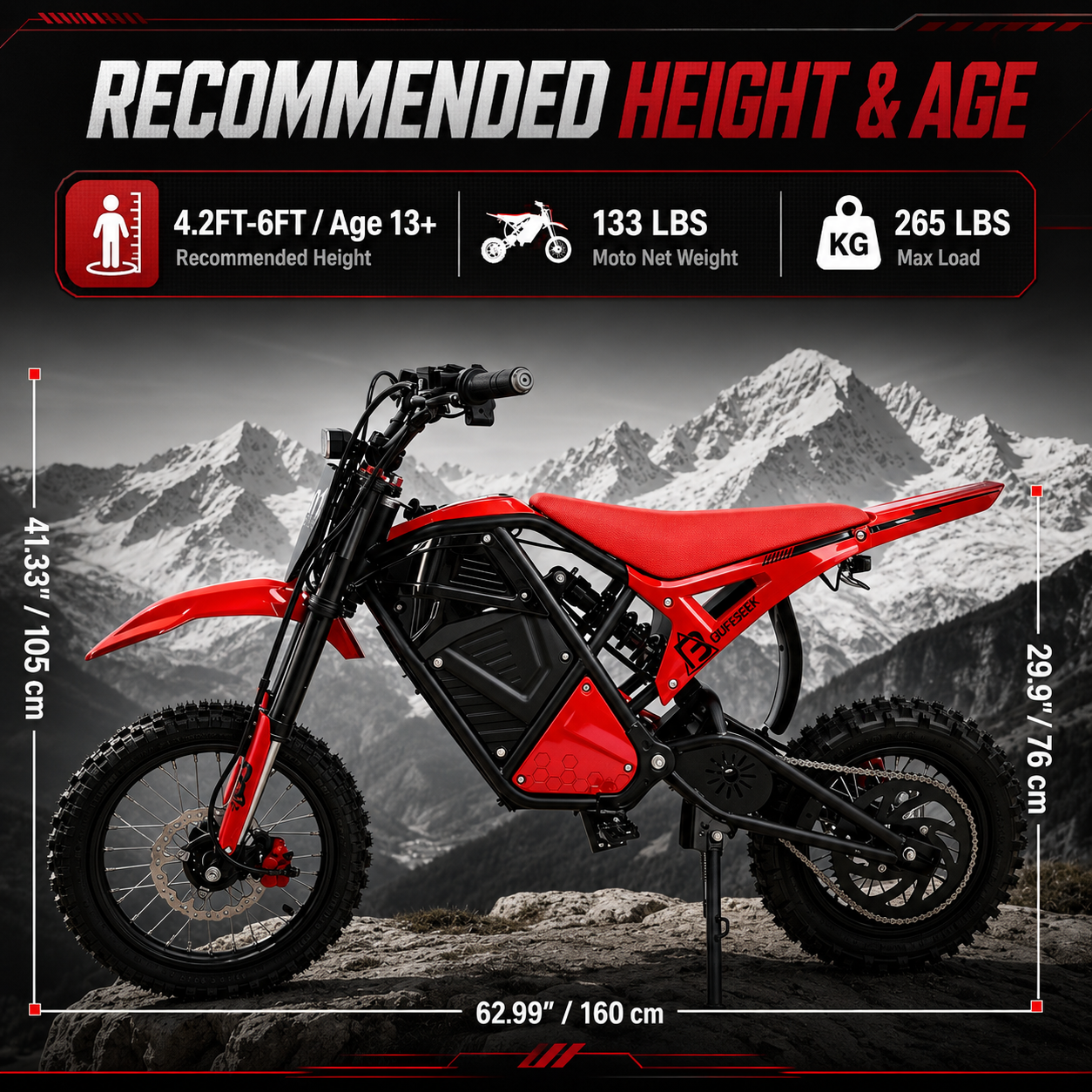Buffseek R01 rider height and size guide with 31.5-inch seat height and 265-pound maximum load