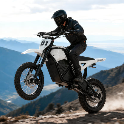 Rider performing an off-road wheelie on a white Buffseek R01 electric dirt bike