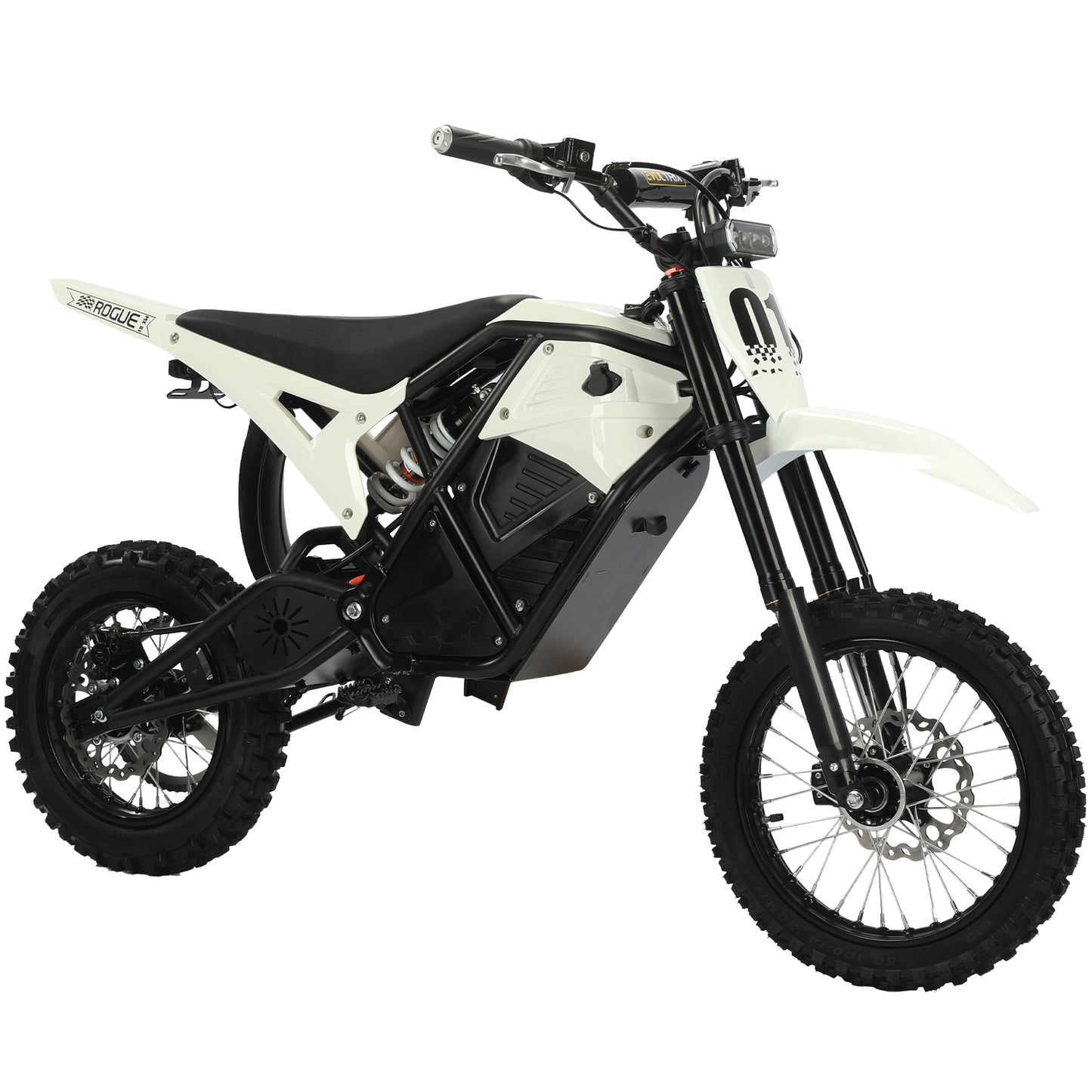 White Buffseek R01 electric dirt bike shown from the right side