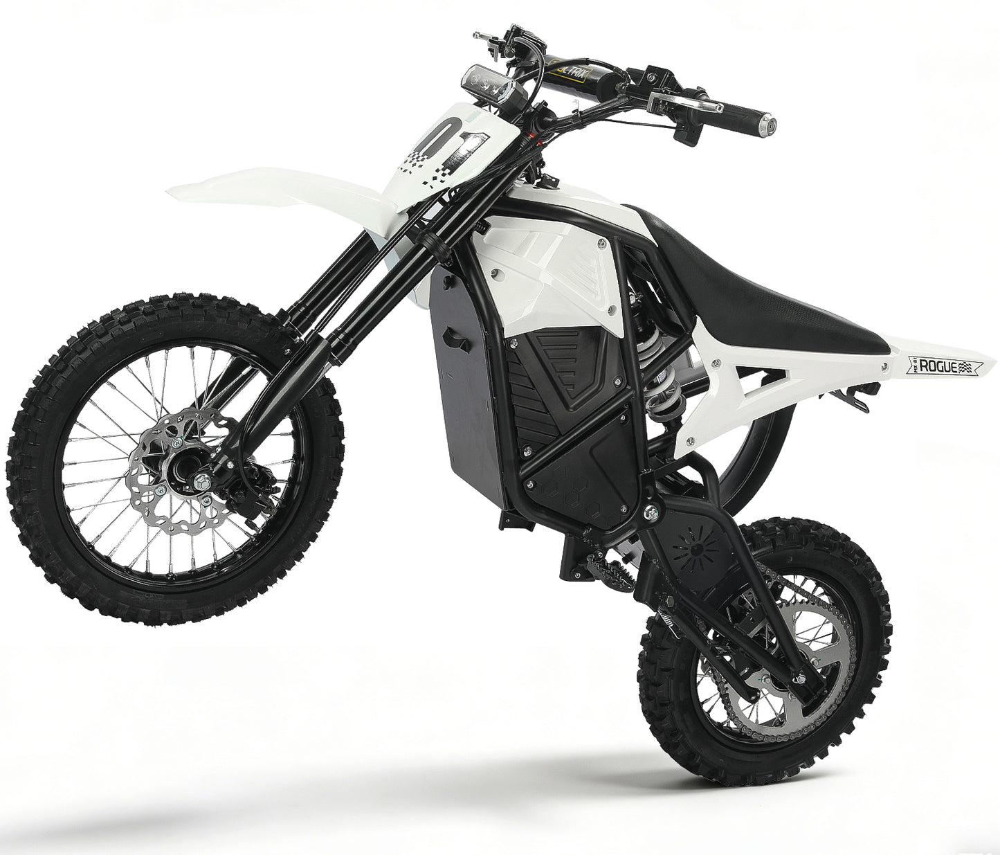 White Buffseek R01 electric dirt bike shown from the left side