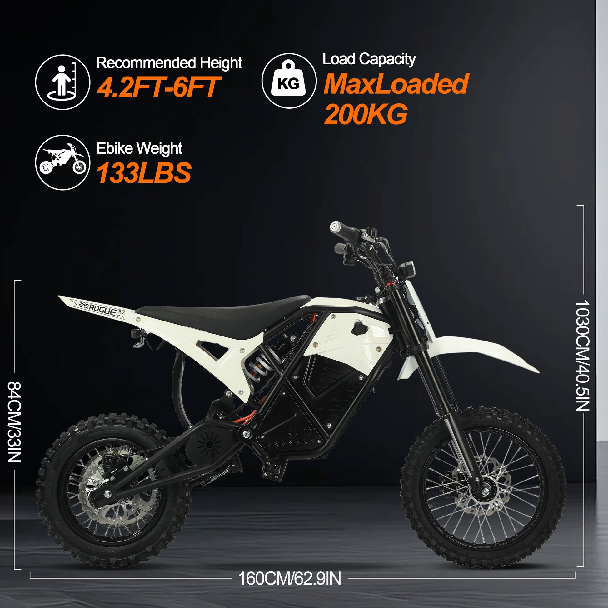 White Buffseek R01 size guide showing rider height, bike weight, and product dimensions