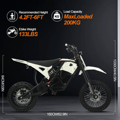 White Buffseek R01 size guide showing rider height, bike weight, and product dimensions
