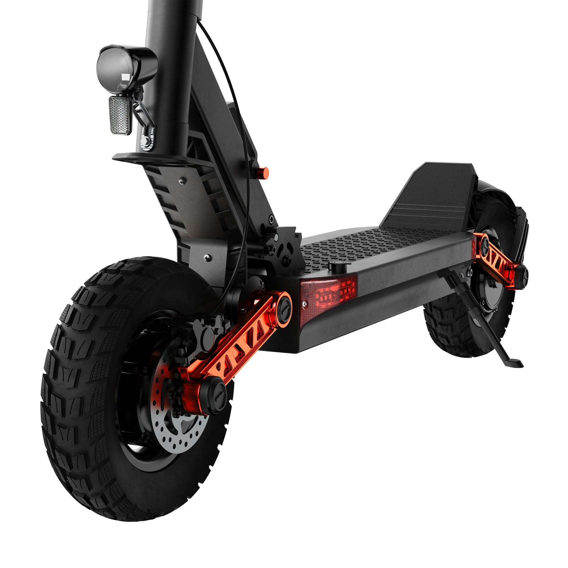 Front angle view of the Buffseek S10 electric scooter with dual suspension and performance tires