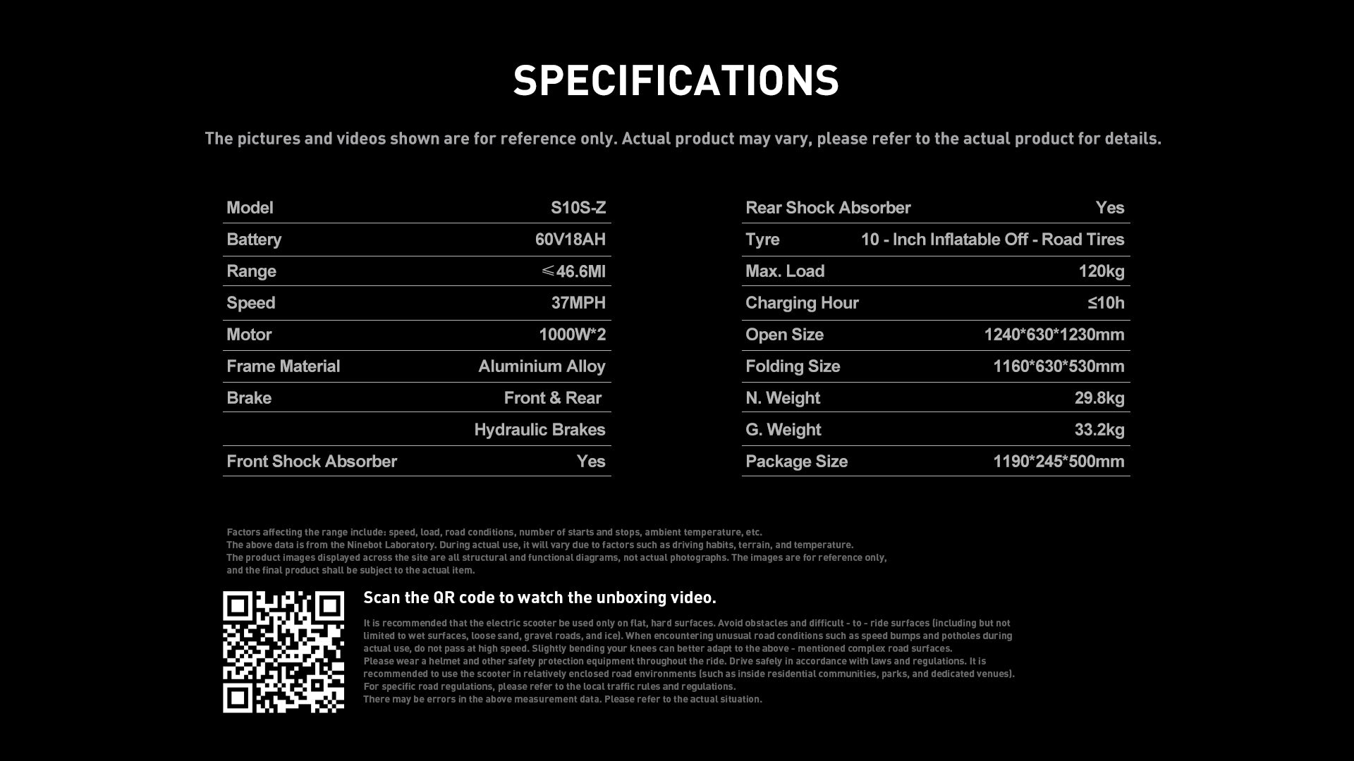 Buffseek S10 electric scooter specifications including motor power, battery, range, brakes, tires, and dimensions