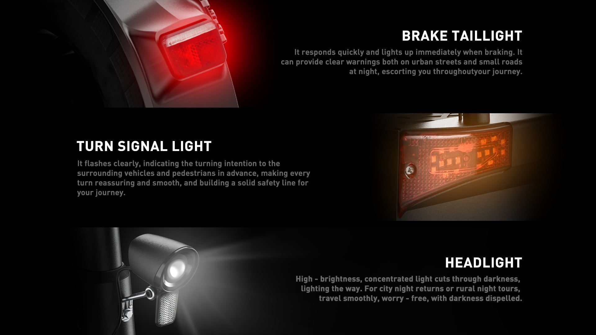 Buffseek S10 rear brake light for improved visibility and safer riding, integrated turn signal lights for safer direction changes, front LED headlight providing visibility during nighttime rides