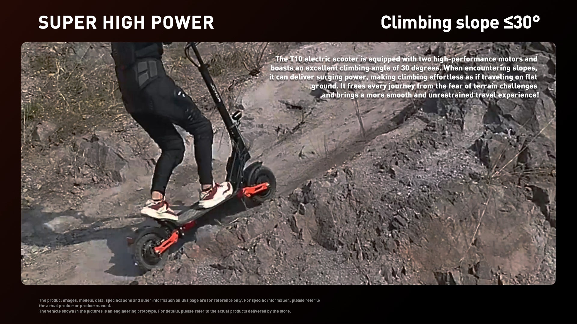 Buffseek T10 dual motor electric scooter climbing a steep off-road slope