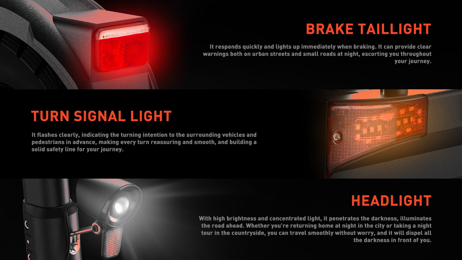 Buffseek T10 rear brake light for improved visibility while slowing down,rear turn signal lights for safer riding and clearer direction changes,LED headlight illuminating the road for nighttime riding