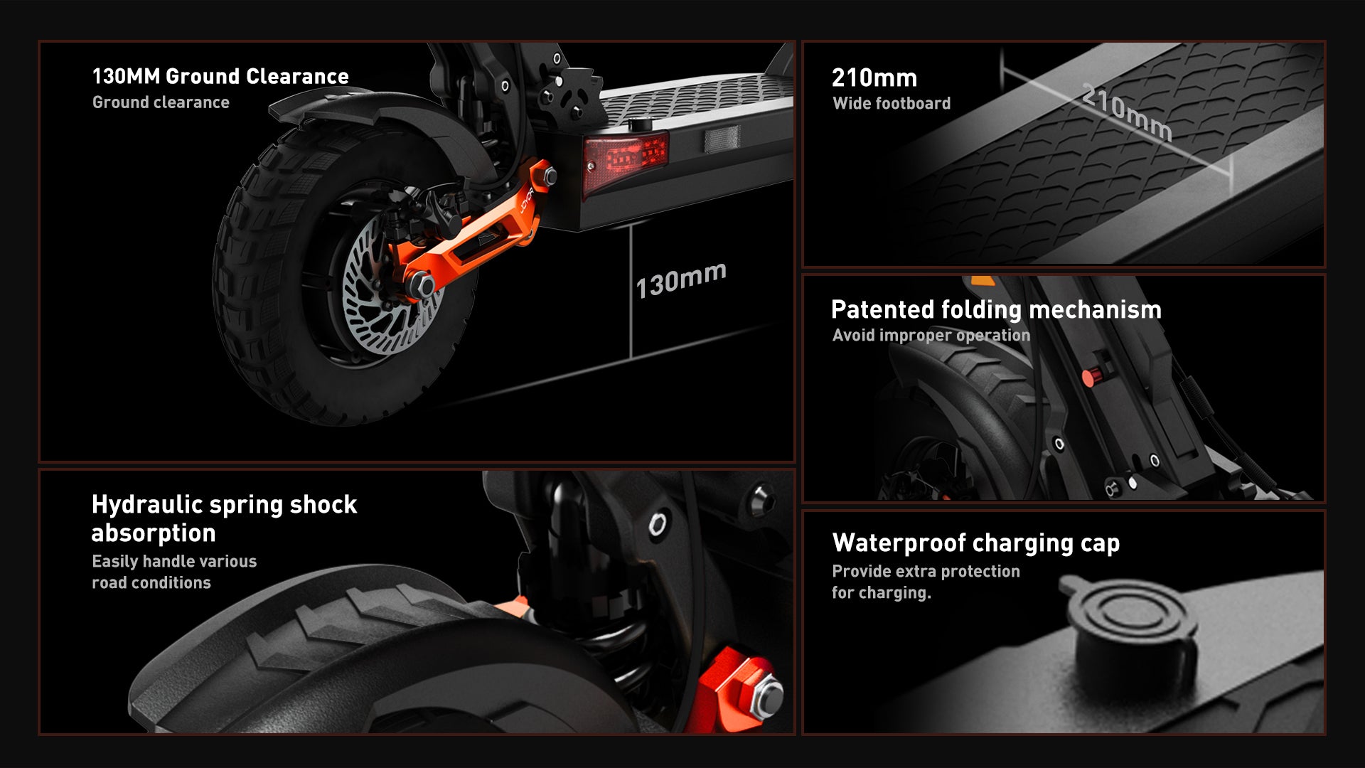 Buffseek T10 product details including motors, suspension, folding mechanism, lights, and deck