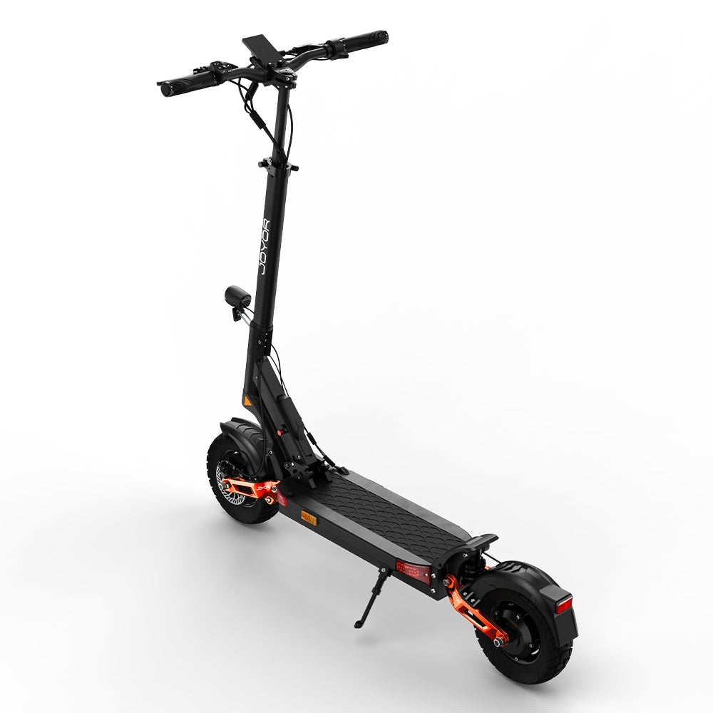 Rear three-quarter view of the Buffseek T10 electric scooter with wide standing deck